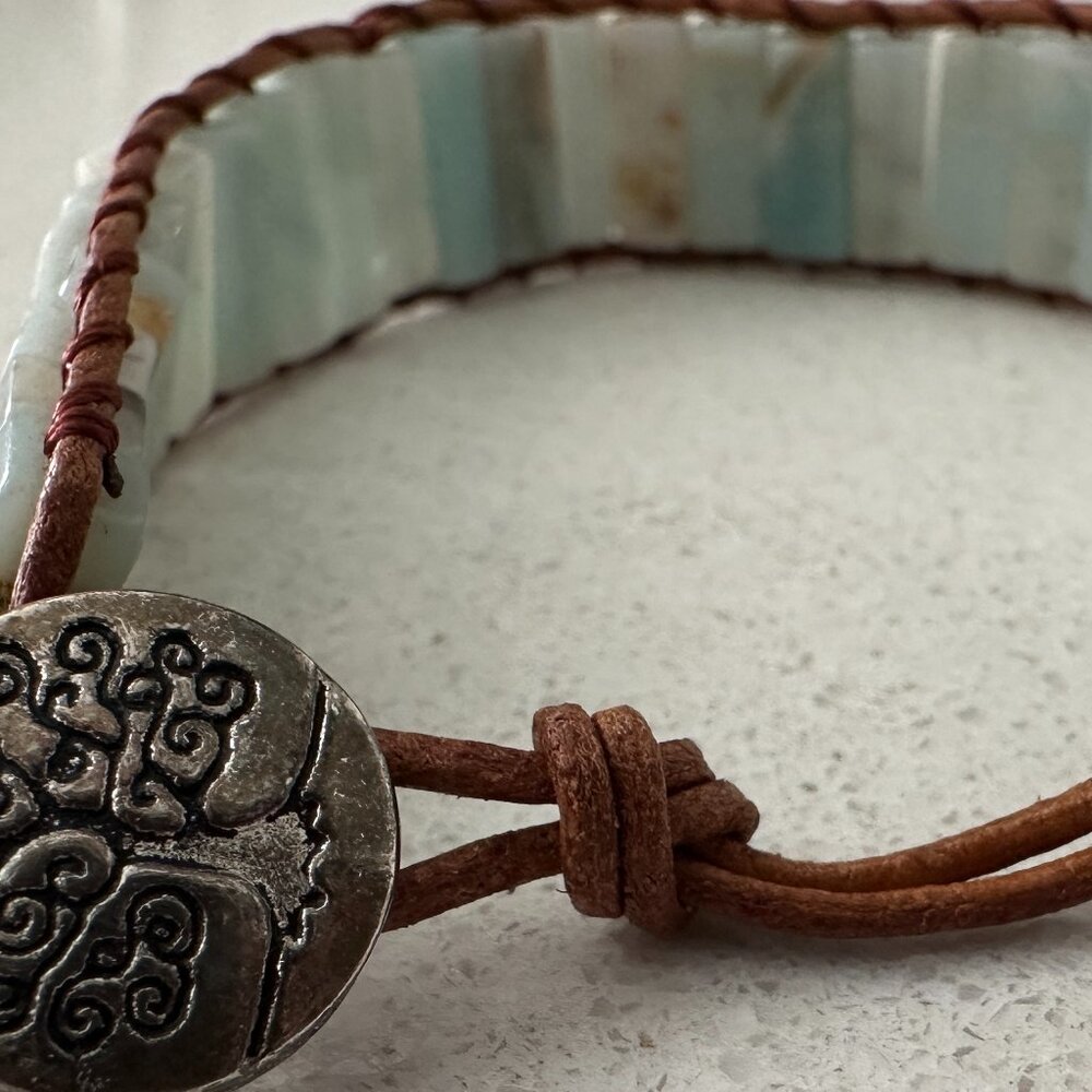 Artisan Light Blue Amazonite Beaded Leather Wrap Bracelet. Unisex - Picture 4 of 8